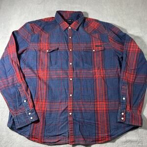 Y2k 2000s Lucky Brand Flannel Pearl Snap Dress Shirt Mens 2XL Tartan Plaid Red